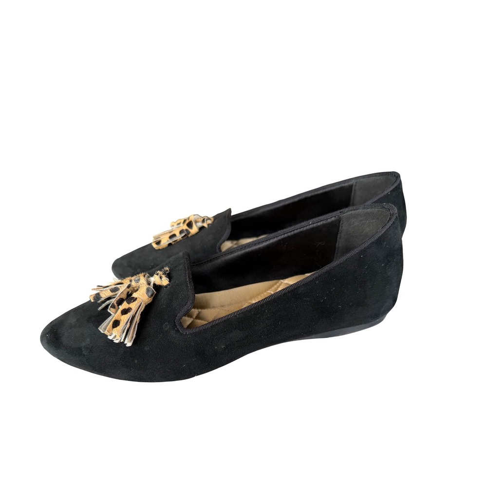 Birdies Starling Black Suede Loafers Leopard Calf Hair Tassel Flats Womens 8